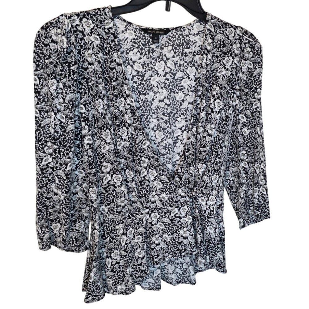 Banana Republic Womens Black & White Floral Wrap Peplum Blouse S